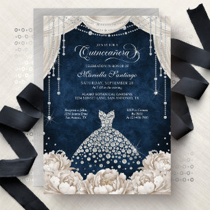 Navy Vit Diamantblommig Quinceanera-inbjudan Inbjudningar