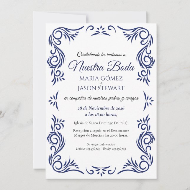 Navy Vit Formell Elegant Spansk Bröllop Inbjudningar (Framsida)