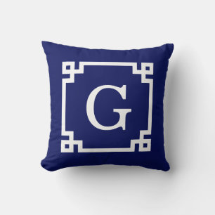 Navy Vit Grekisk Nyckel Ram #2 Initial Monogramm Kudde