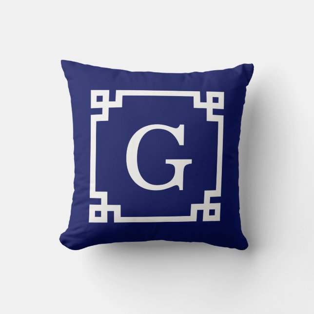 Navy Vit Grekisk Nyckel Ram #2 Initial Monogramm Kudde (Framsida)