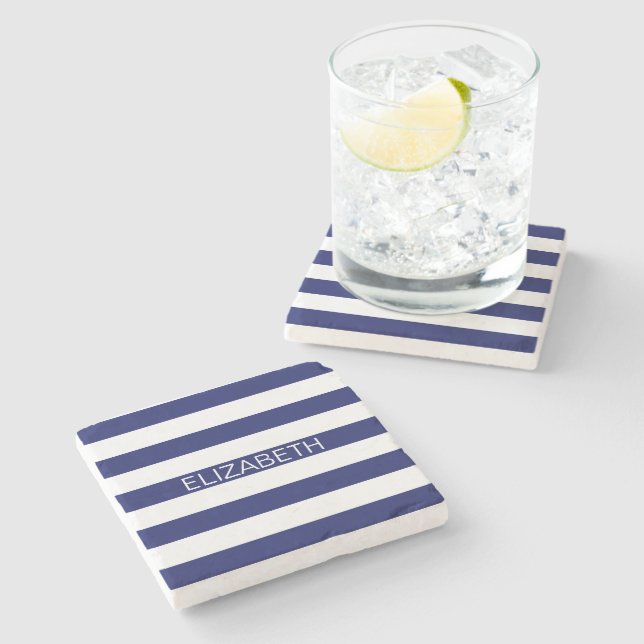Navy Vit Horisontell Preppy Rand Namn Monogram Underlägg Sten (Sidan)