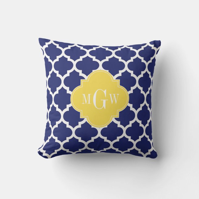 Navy Vit Marockansk #5 Ananas 3 Initial Monogram Utomhuskudde (Framsida)