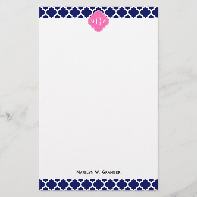 Navy Vit Marockansk #5 Het Rosa2 3 Initial Monogra Brevpapper (Framsida)