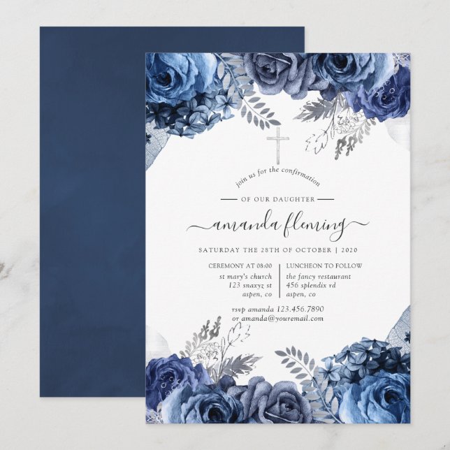 Navy & Vit med Silverfolie Blommig Konfirmation Inbjudningar (Fram/baksida)