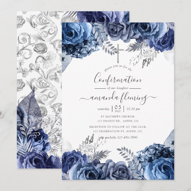 Navy & Vit med Silverfolie Blommig Konfirmation Inbjudningar (Fram/baksida)