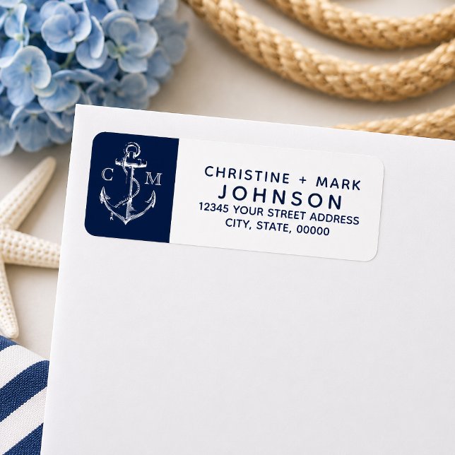 Navy + Vit Nautilus Ankare Sketch Par Returadress Etikett (Navy nautical sketch anchor address labels for the couple.
)