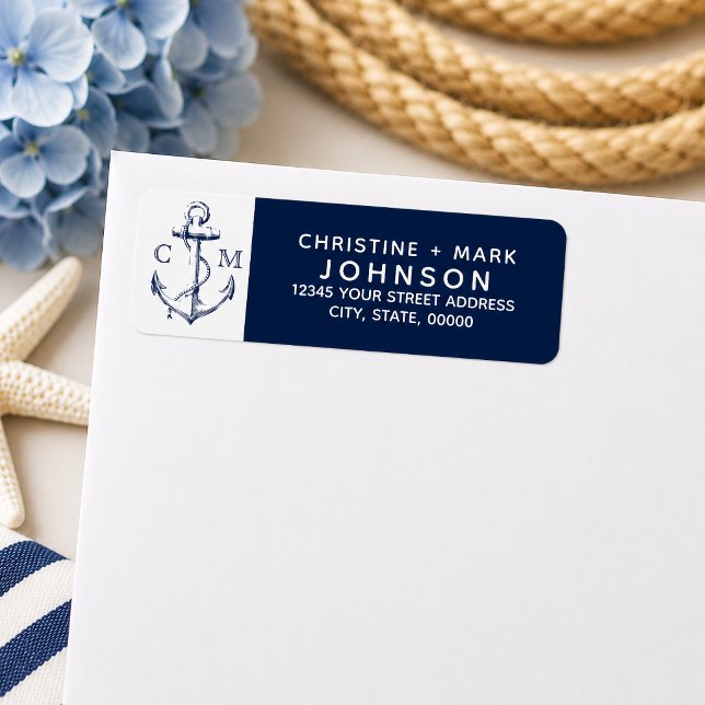 Navy + Vit Nautilus Skiss Ankare Par | Returadress Etikett (Navy nautical sketch anchor address labels for the couple.
)