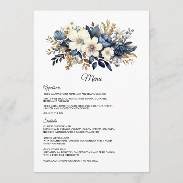 Navy, Vit och Guld Blommig Bröllop Meny (Framsida)