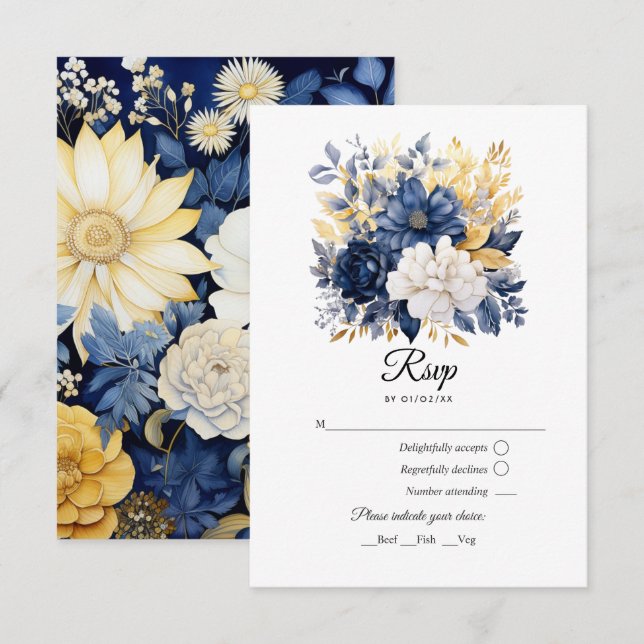 Navy, Vit och Guld Blommig Bröllop OSA Kort (Fram/baksida)