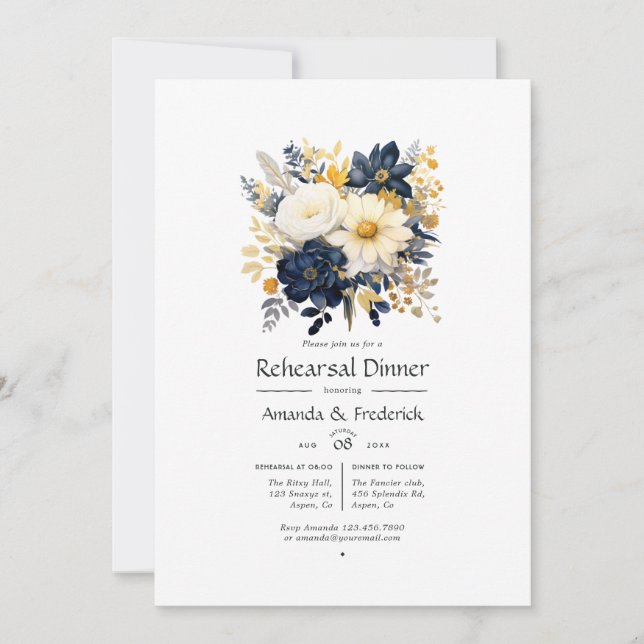 Navy, vit och guld blommig repetitionens middag inbjudningar (Framsida)