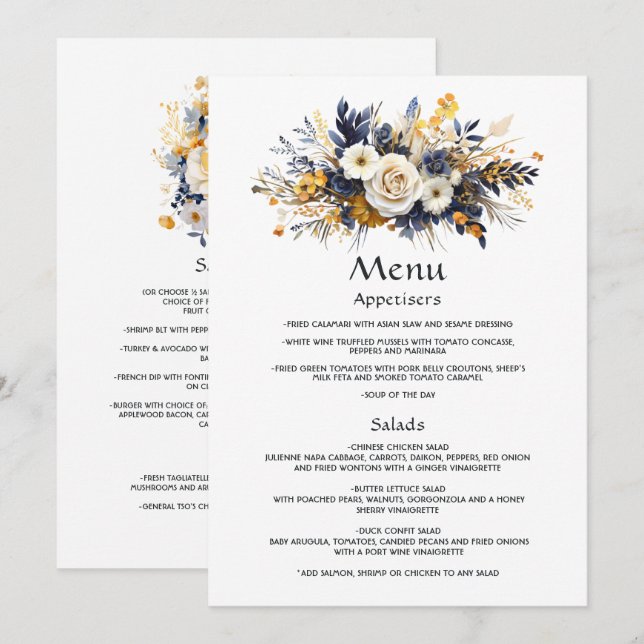 Navy, vit och guld blomsterbröllop meny (Fram/baksida)