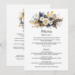 Navy, vit och guld blomsterbröllop meny