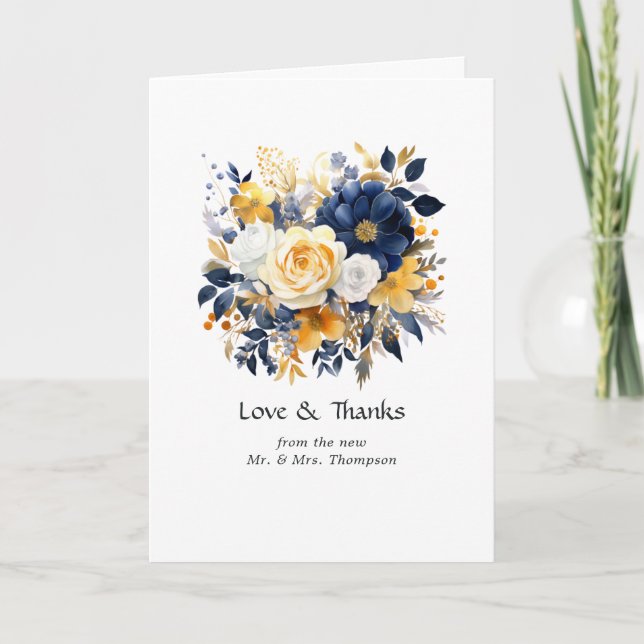 Navy, vit och guld blomsterbröllop tack kort (Framsida)