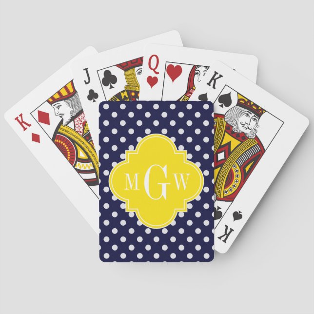 Navy Vit Prickig Gul Fyrklöver 3 Monogram Casinokort (Baksidan)