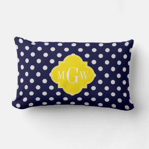 Navy Vit prickig Gul Fyrklöver 3 Monogram Lumbarkudde