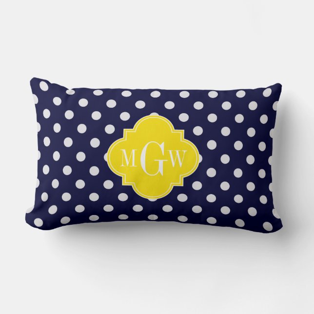 Navy Vit prickig Gul Fyrklöver 3 Monogram Lumbarkudde (Framsida)