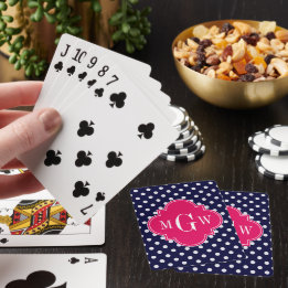 Navy Vit Prickig Hallon Fyrklöver 3 Monogram Spel Kort