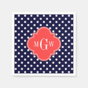 Navy Vit Prickig Korall Quatrefoil 3 Monogram Pappersservett