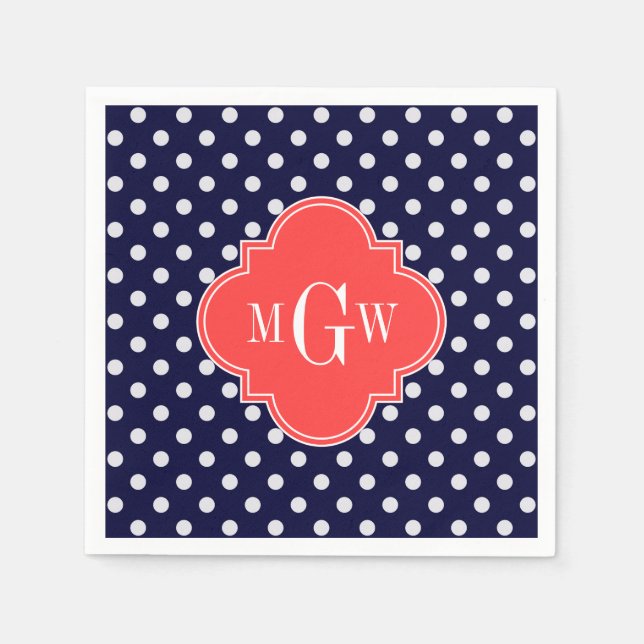 Navy Vit Prickig Korall Quatrefoil 3 Monogram Pappersservett (Framsidan)