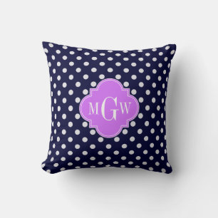Navy Vit Prickig Lila Fyrklöver 3 Monogram Kudde