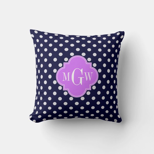 Navy Vit Prickig Lila Fyrklöver 3 Monogram Kudde (Framsida)