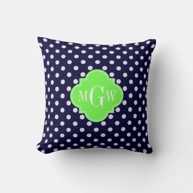 Navy Vit prickig Lime Fyrklöver 3 Monogram Kudde (Framsida)