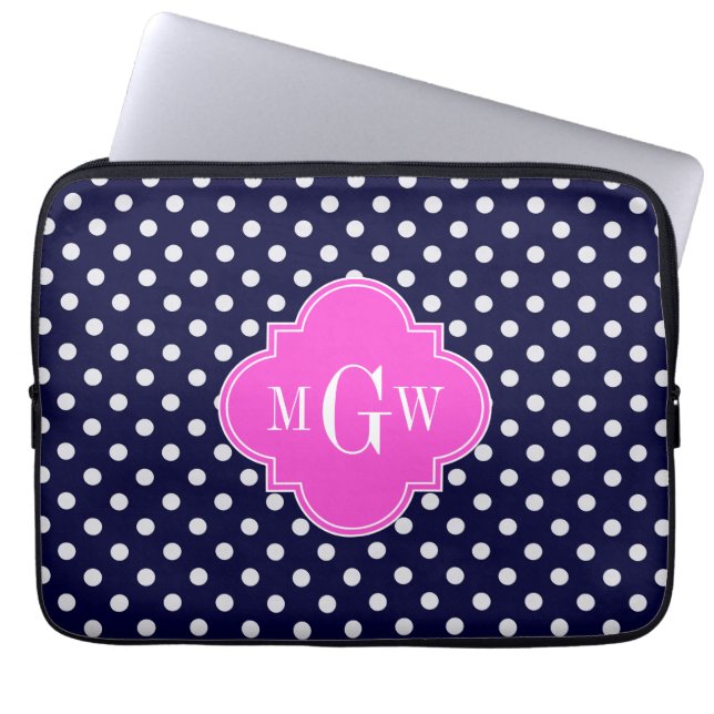 Navy Vit Prickig Rosa Fyrflikig 3 Monogram Laptop Fodral (Framsidan)
