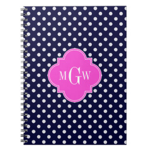 Navy Vit Prickig Rosa Fyrklöver 3 Monogram Anteckningsbok Med Spiral