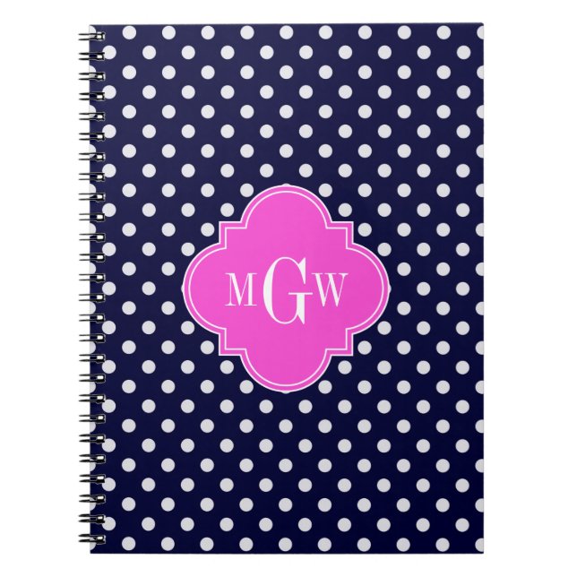 Navy Vit Prickig Rosa Fyrklöver 3 Monogram Anteckningsbok Med Spiral (Framsidan)