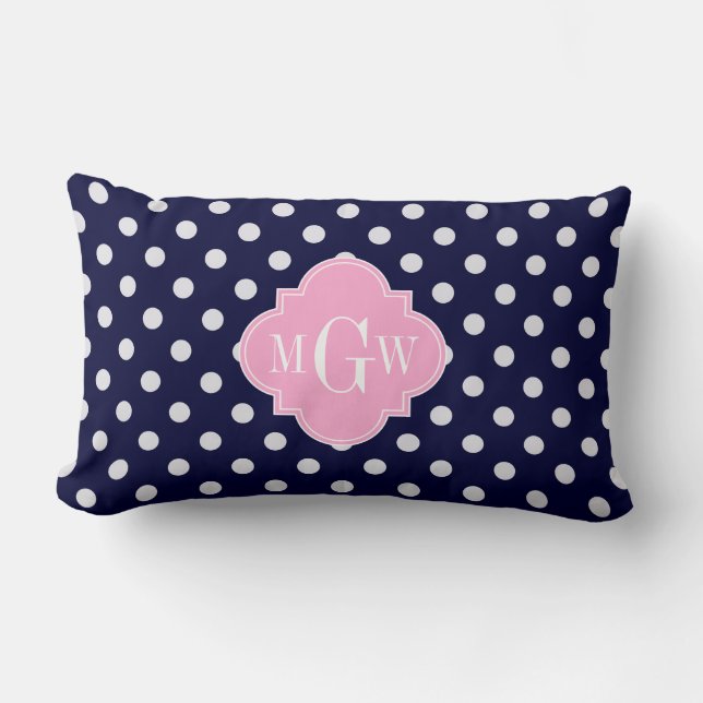 Navy Vit Prickig Rosa Fyrklöver 3 Monogram Lumbarkudde (Framsida)