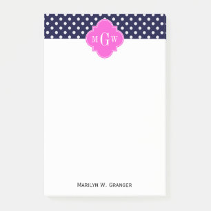 Navy Vit Prickig Rosa Fyrklöver 3 Monogram Post-it Block