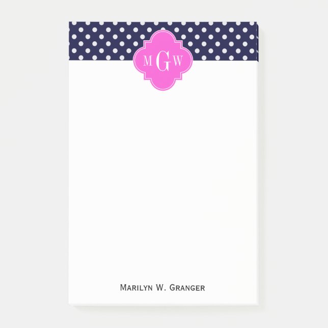 Navy Vit Prickig Rosa Fyrklöver 3 Monogram Post-it Block (Framsida)