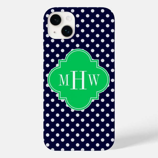 Navy Vit Prickig Smaragd Fyrklöver 3 Monogram (Baksida)