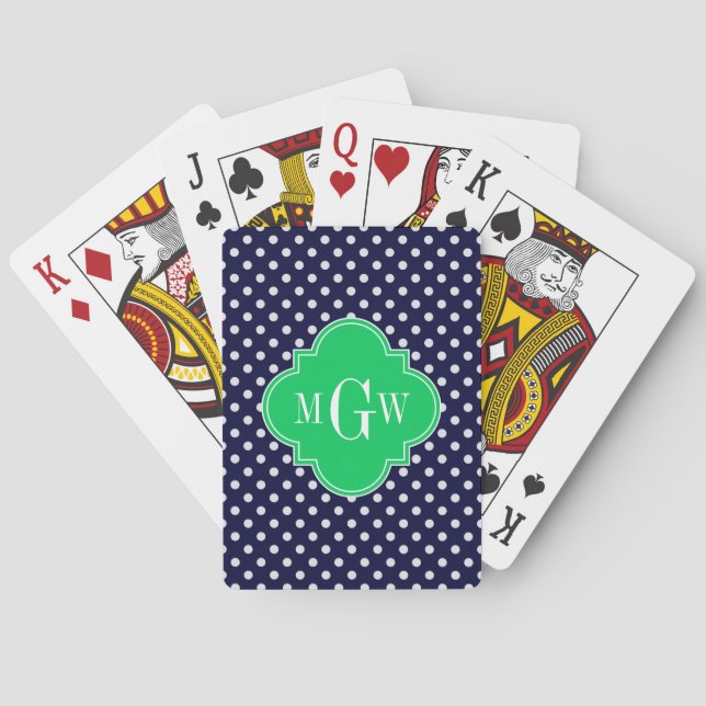 Navy Vit Prickig Smaragd Fyrklöver 3 Monogram Spel Kort (Baksidan)