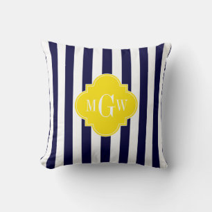 Navy Vit Rand Gul Quatrefoil 3 Monogram Kudde
