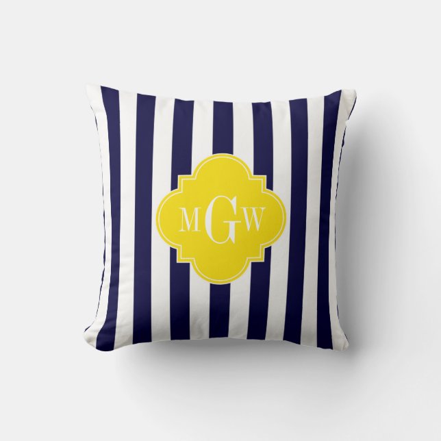 Navy Vit Rand Gul Quatrefoil 3 Monogram Kudde (Framsida)