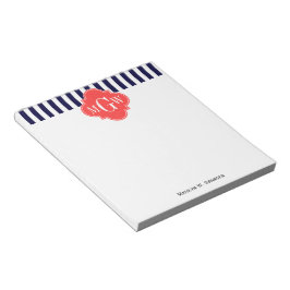 Navy Vit Rand Korallröd Fyrblad 3 Monogram Anteckningsblock