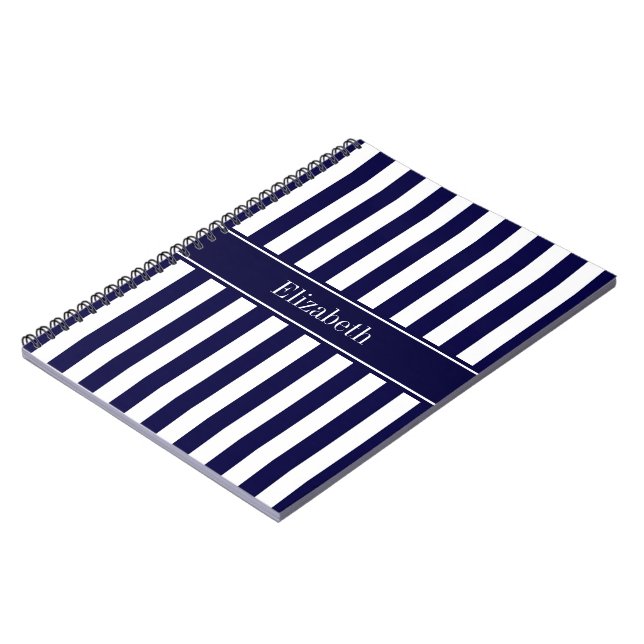 Navy Vit Rand Navy Blå Band Namn Monogram Anteckningsbok (Vänstra Sidan)