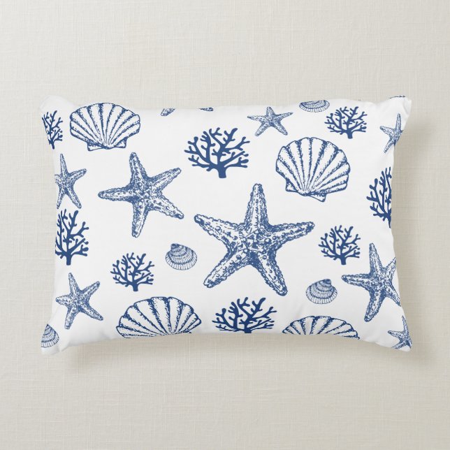Navy Vit Skaldesign Kustdesign Prydnadskudde (Framsidan)
