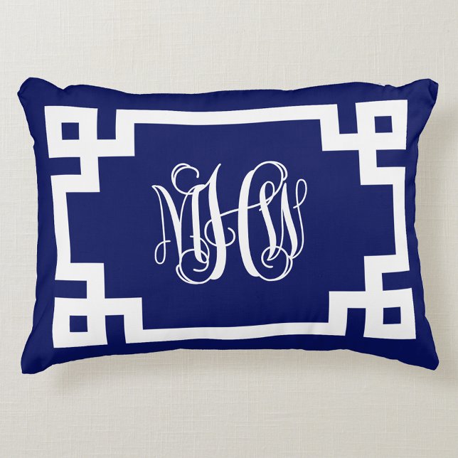 Navy Vit Vin Monogram Grekisk Nyckel Gör-det-själv Prydnadskudde (Skapare uppladdad)
