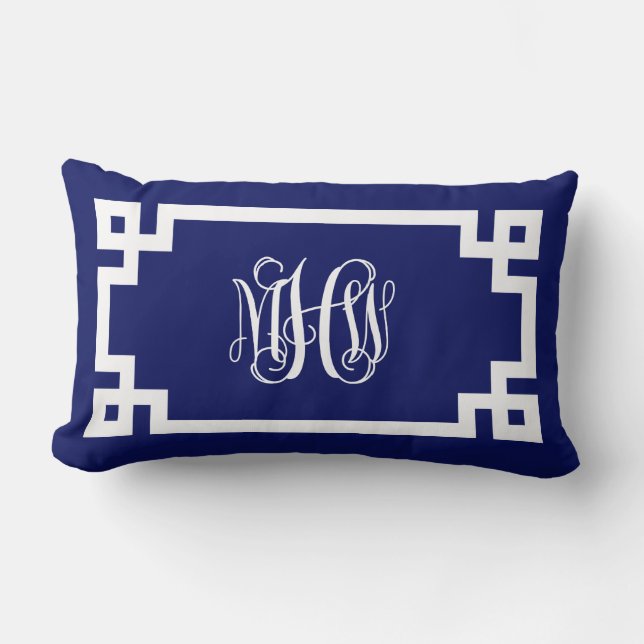 Navy Vit Vin Script Monogram Grekisk Nyckel DIY BG Lumbarkudde (Framsida)