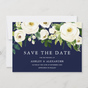 Navy & Vita Blommande Blommor Eleganta Alla Årstid Spara Datumet