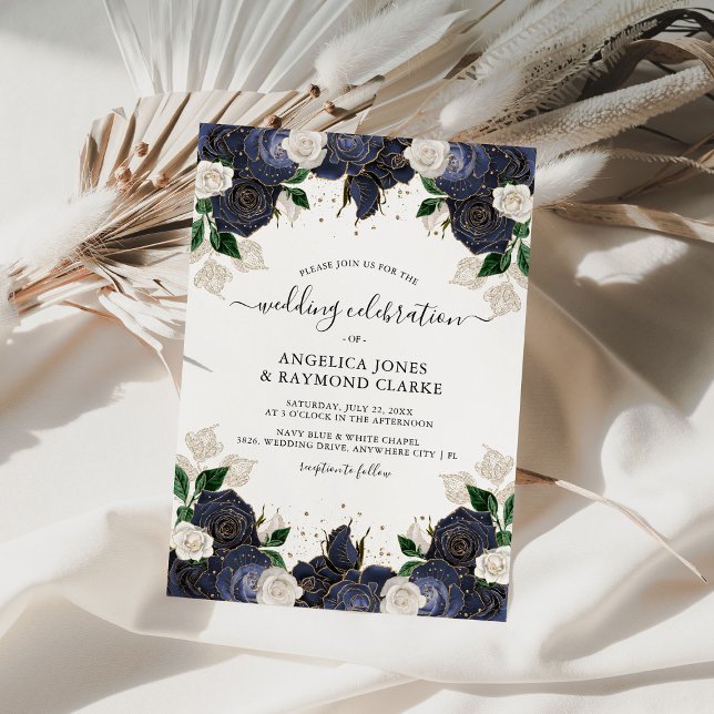 Navy & Vita Blommig Elegant Bröllop Inbjudningar (Skapare uppladdad)