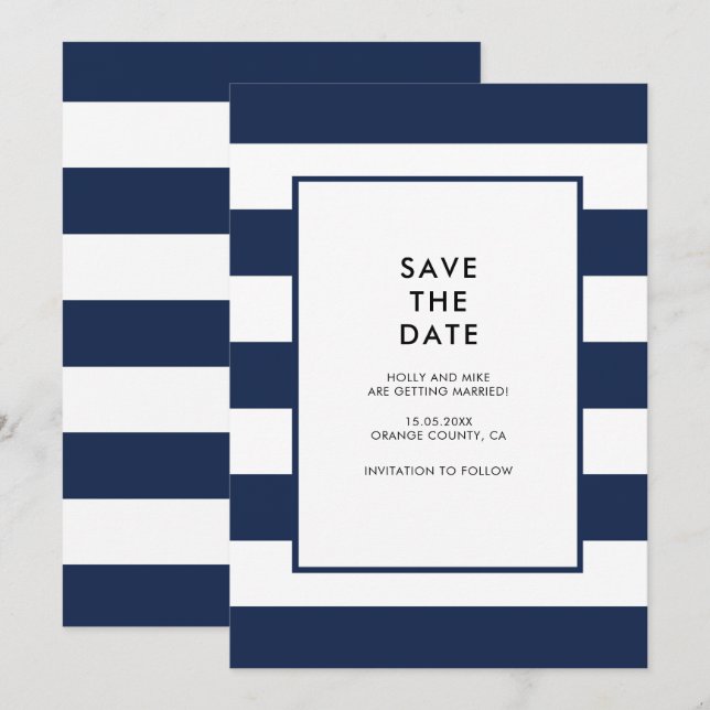 Navy Vitrandiga Chic Enkel Modern Minimalistisk Inbjudningar (Fram/baksida)