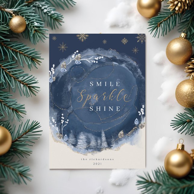 Navy Watercolor Bläck & Jewels Vinterkväll Julkort (Navy Watercolor Ink & Jewels Winter Night Holiday Card)