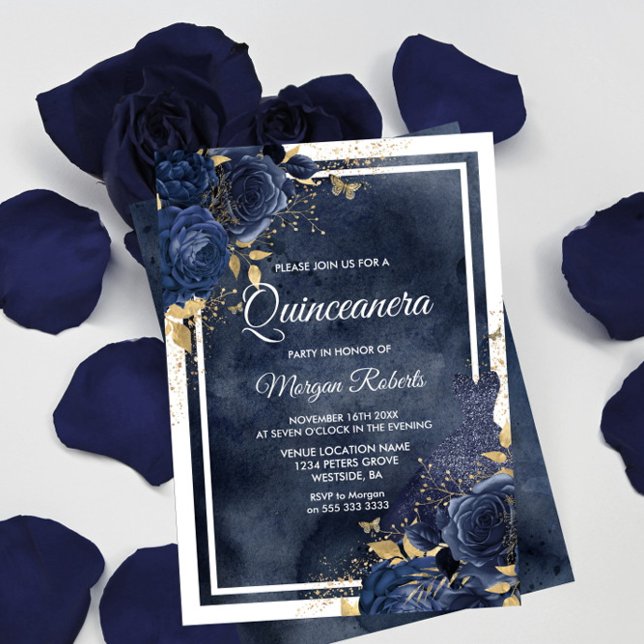 Navy Watercolor, Blommigt & Dress, Guld Quinceaner Inbjudningar (Skapare uppladdad)