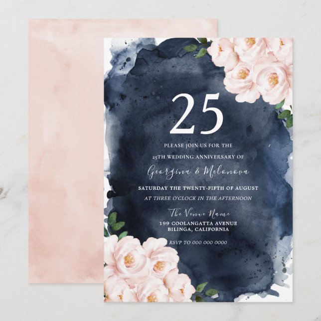 Navy Watercolor Blush Blommig 25-årsjubileum Inbjudningar (Fram/baksida)