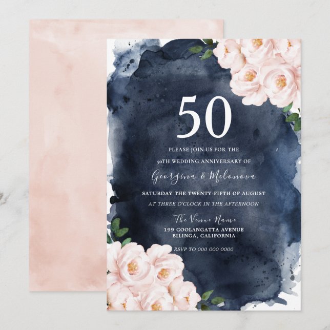 Navy Watercolor Blush Blommig 50-årsjubileum Inbjudningar (Fram/baksida)