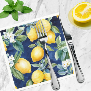 Navy Watercolor Lemons Mönster European Italiano Pappersservett