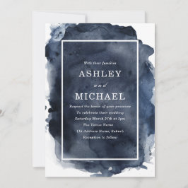 Navy Watercolor Stänk White Gräns Bröllop Inbjudningar
